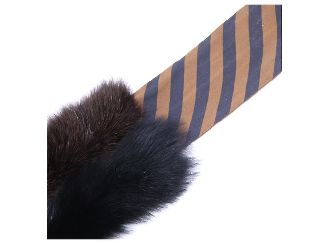 Fendi Fox Fur Rabbit Silk Stole/Scarf Brown Black - view 5