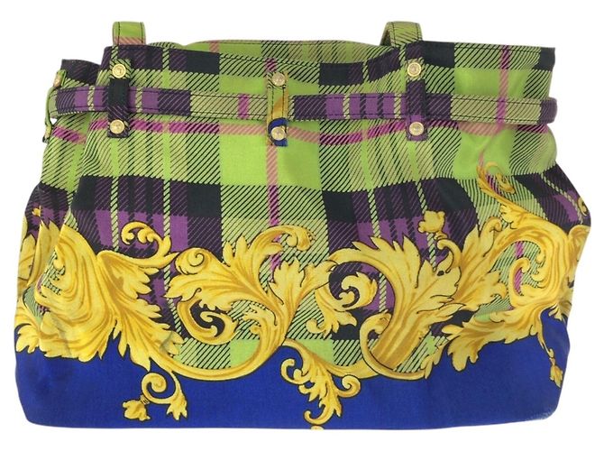 Versace Vintage Baroque Canvas Tote Bag mit Tartan-Muster Blau Grün Gelb - Ansicht 2