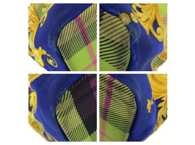 Versace Vintage Baroque Canvas Tote Bag mit Tartan-Muster Blau Grün Gelb - Ansicht 3