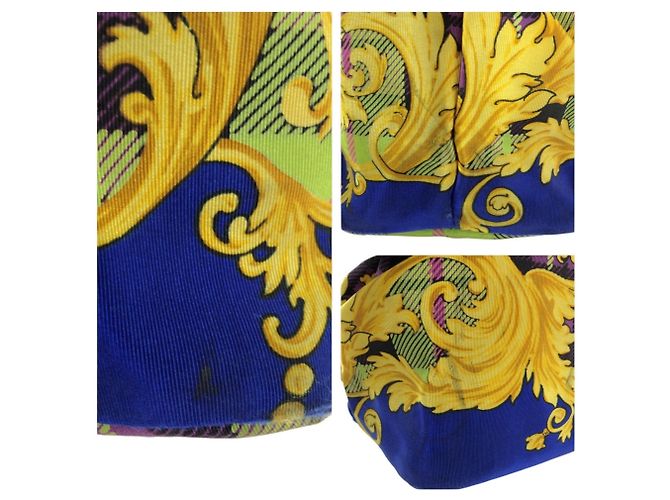 Versace Vintage Baroque Canvas Tote Bag mit Tartan-Muster Blau Grün Gelb - Ansicht 5