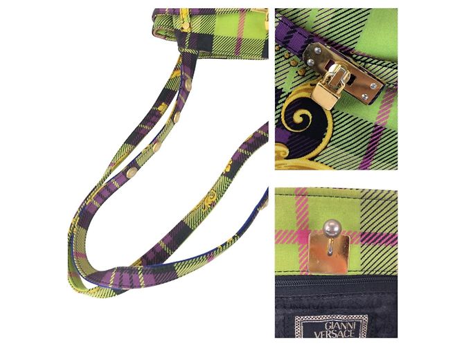 Versace Vintage Baroque Canvas Tote Bag mit Tartan-Muster Blau Grün Gelb - Ansicht 6