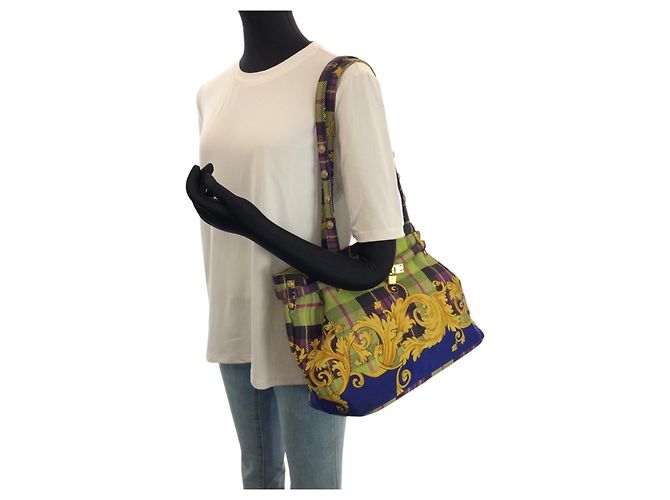 Versace Vintage Baroque Canvas Tote Bag mit Tartan-Muster Blau Grün Gelb - Ansicht 7