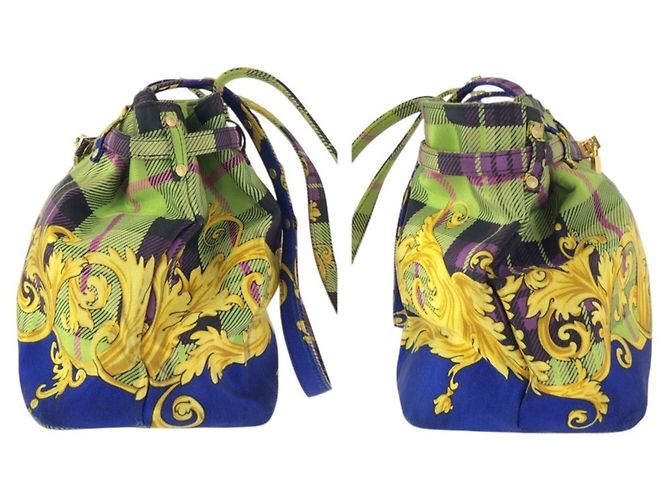 Versace Vintage Baroque Canvas Tote Bag mit Tartan-Muster Blau Grün Gelb - Ansicht 8