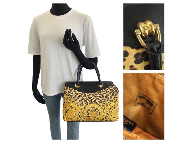 Versace Vintage Baroque Handtasche Schwarz Gelb - Ansicht 7