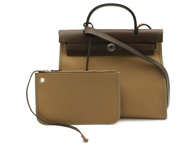 Bolsa Hermès Herbag Zip PM Bege Caqui Castanho escuro - vista 2