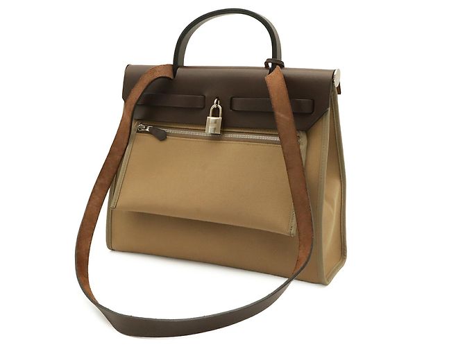 Bolsa Hermès Herbag Zip PM Bege Caqui Castanho escuro - vista 3