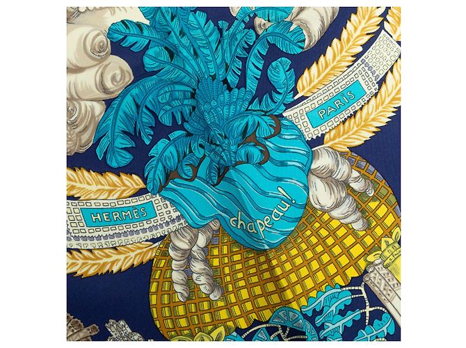 Lenço de seda Hermès Blue Chapeau! 90 Azul Azul escuro - vista 3