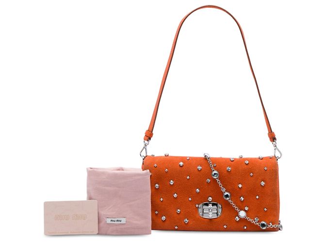 Borsa satchel Miu Miu in camoscio arancione con cristalli - vista 6