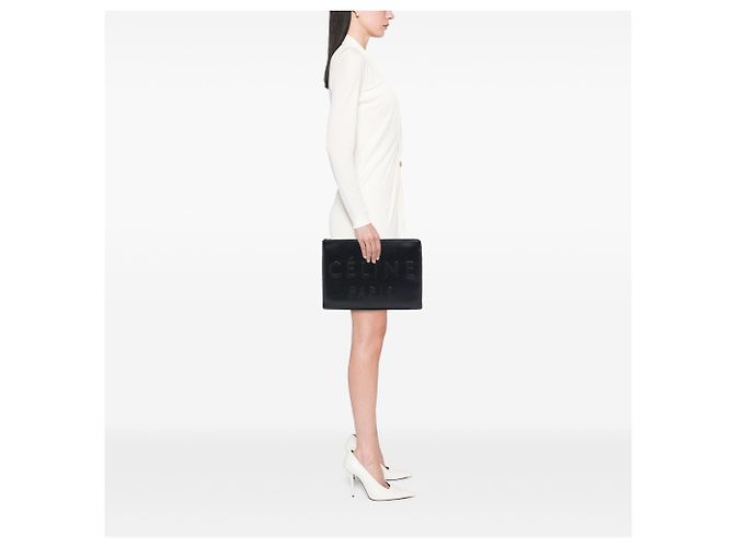 Céline Clutch Celine in pelle goffrata nera con logo Nero - vista 6