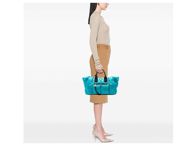 Borsa Satchel Bomber Prada in Tessuto Blu Large Turchese - vista 6