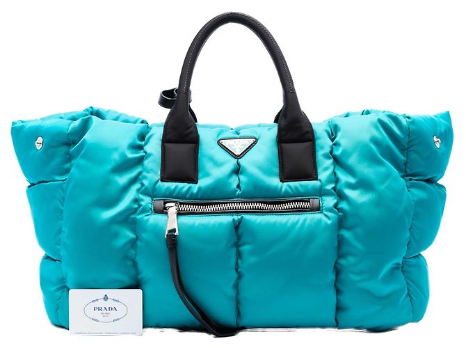 Borsa Satchel Bomber Prada in Tessuto Blu Large Turchese - vista 7