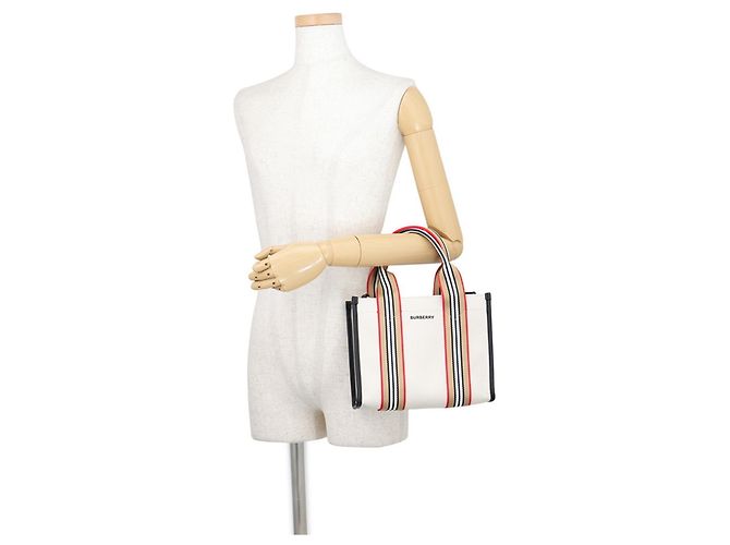 Borsa Tote Piccola Burberry Icon Stripe Trim Marrone Nero Rosso Beige - vista 4