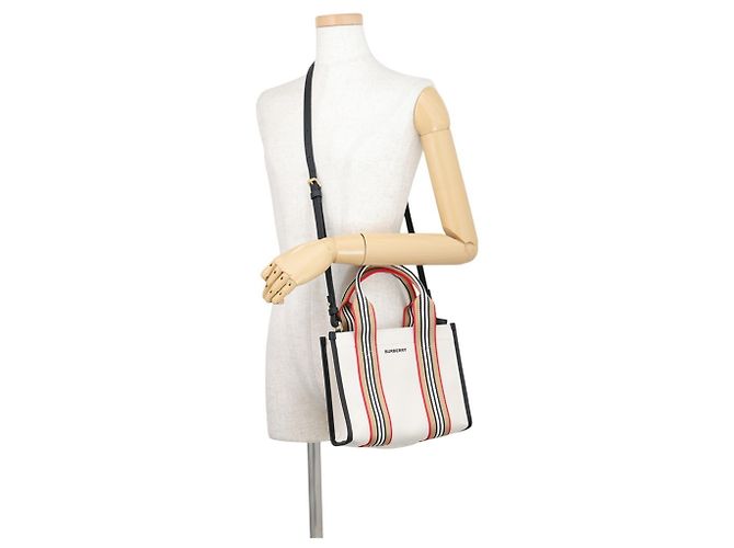 Borsa Tote Piccola Burberry Icon Stripe Trim Marrone Nero Rosso Beige - vista 5
