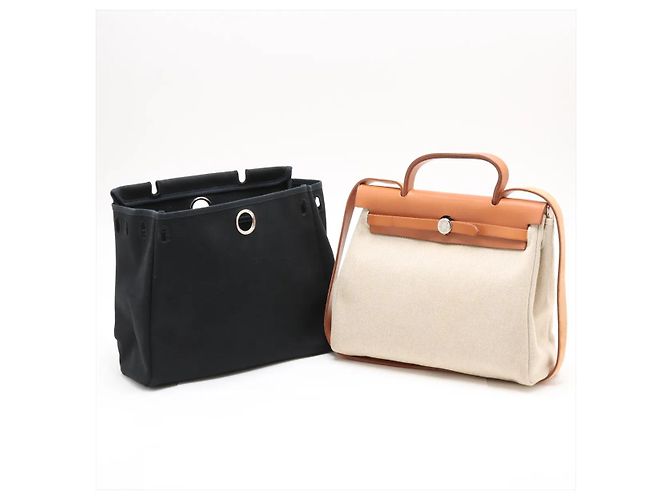 Hermès Hermes Herbag Toile and Leather PM Bege - vista 3