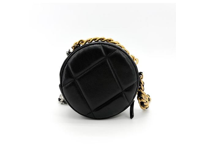 Chanel 19 Runde Clutch mit Kette aus gestepptem Leder Schwarz - Ansicht 2