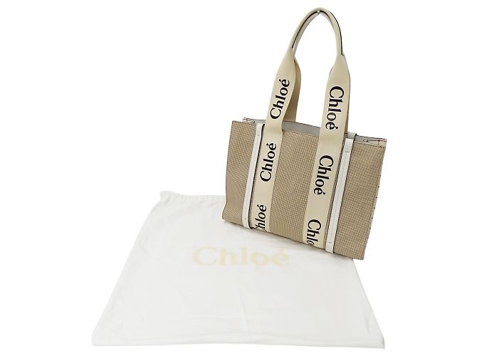Chloé Woody Medium Canvas Handbag Beige Khaki - view 7