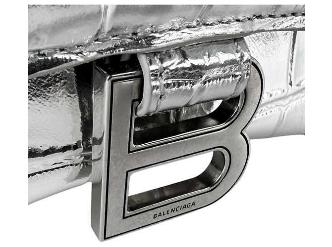 Borsa a tracolla Balenciaga Hourglass XS in pelle Argento - vista 12