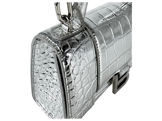 Borsa a tracolla Balenciaga Hourglass XS in pelle Argento - vista 7