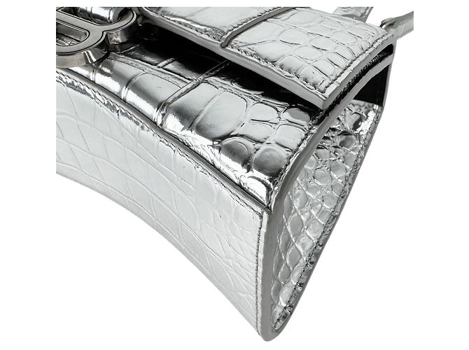 Borsa a tracolla Balenciaga Hourglass XS in pelle Argento - vista 8