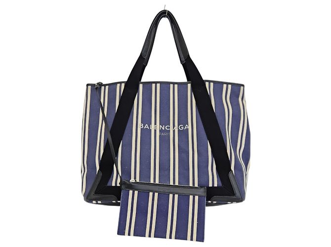 Everyday Borsa Tote Cabas M Balenciaga in tela a righe blu navy - vista 3