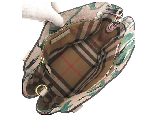 Borsa a mano in pelle floreale Burberry Rosa Beige Verde - vista 7