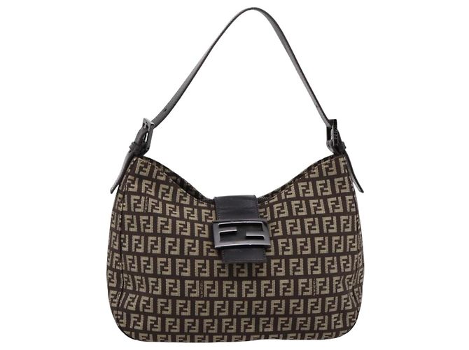 Borsa a tracolla FENDI Zucchino Canvas Mamma Baguette Marrone Argento Auth 204892V - vista 2
