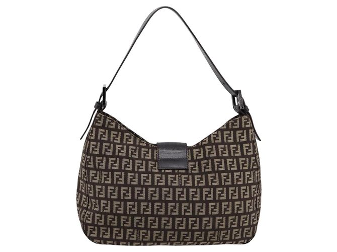 Borsa a tracolla FENDI Zucchino Canvas Mamma Baguette Marrone Argento Auth 204892V - vista 3