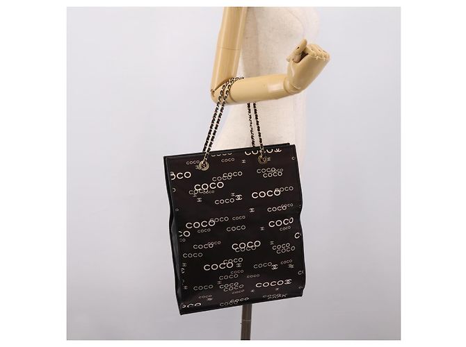 Borsa a mano con catena CHANEL Canvas Nero Tono Oro CC Auth mr2921A - vista 20