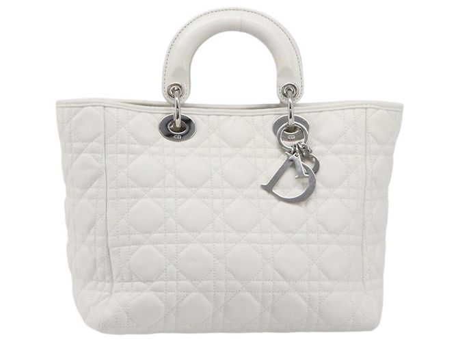 Borsa Christian Dior Lady Dior Canage in pelle d'agnello Bianca Argento Auth gh2352V Bianco - vista 2