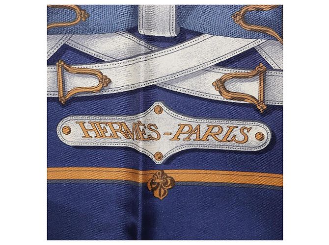 Hermès Pañuelo HERMES Carre 90 Seda Azul Blanco "CAVALCADOUR" Auth ki6864M - vista 12