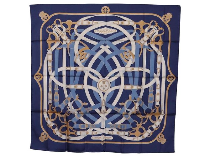 Hermès Pañuelo HERMES Carre 90 Seda Azul Blanco "CAVALCADOUR" Auth ki6864M - vista 15