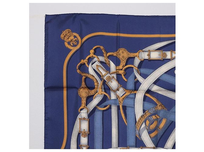Hermès Pañuelo HERMES Carre 90 Seda Azul Blanco "CAVALCADOUR" Auth ki6864M - vista 2