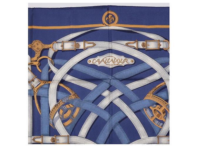 Hermès Pañuelo HERMES Carre 90 Seda Azul Blanco "CAVALCADOUR" Auth ki6864M - vista 3