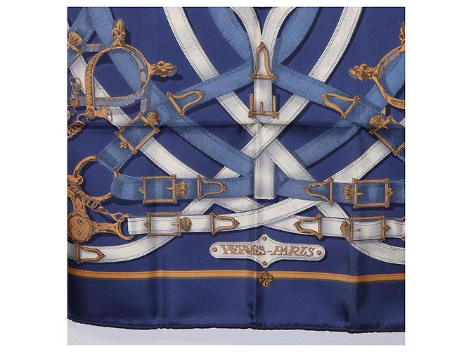 Hermès Pañuelo HERMES Carre 90 Seda Azul Blanco "CAVALCADOUR" Auth ki6864M - vista 9