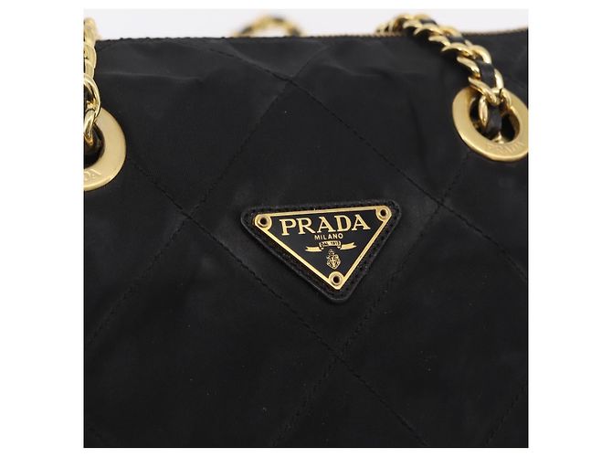 Bolsa de Ombro com Corrente PRADA Nylon Black Gold Auth ar14310A Preto Dourado - vista 14