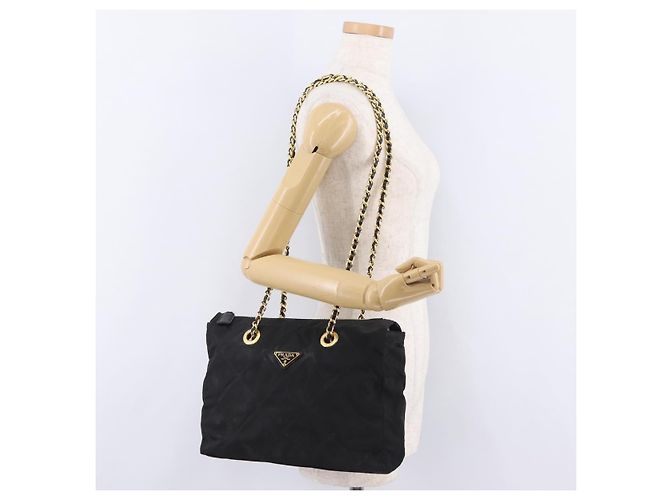 Bolsa de Ombro com Corrente PRADA Nylon Black Gold Auth ar14310A Preto Dourado - vista 25