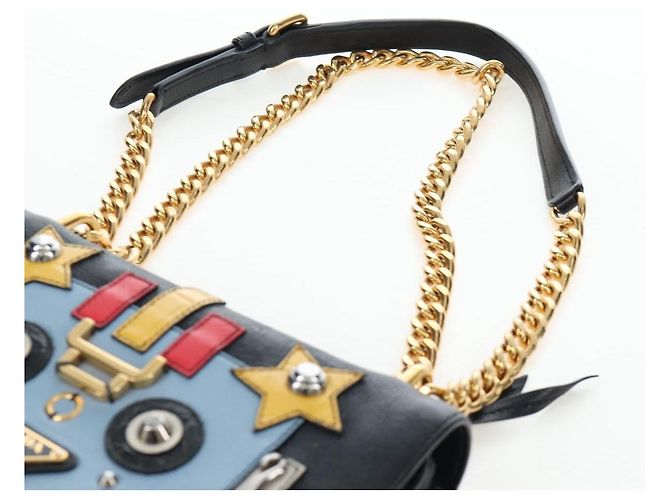 Borsa a tracolla con catena PRADA in pelle nera e oro Auth 202514M Nero D'oro - vista 10