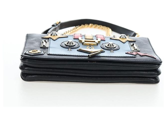 Borsa a tracolla con catena PRADA in pelle nera e oro Auth 202514M Nero D'oro - vista 12