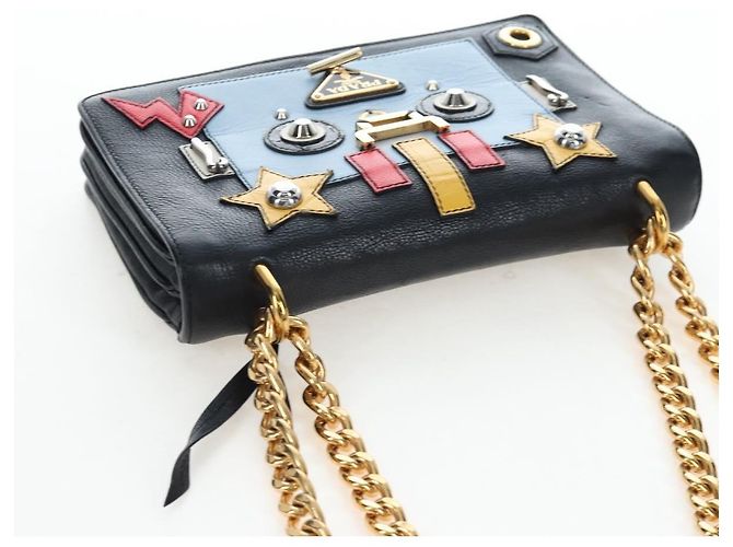 Borsa a tracolla con catena PRADA in pelle nera e oro Auth 202514M Nero D'oro - vista 6