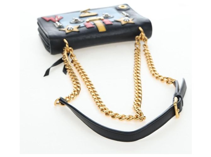 Borsa a tracolla con catena PRADA in pelle nera e oro Auth 202514M Nero D'oro - vista 7