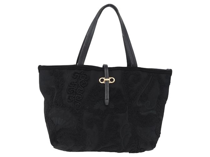 Borsa a mano Salvatore Ferragamo Gancini Nylon Nero Tono Oro Auth BA16145 - vista 2