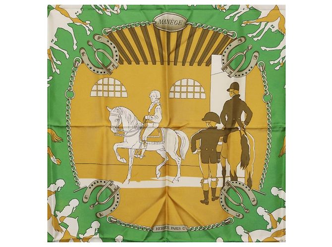 Hermès Foulard HERMES Carre90 "MAN`EGE" Seta Verde Auth bs37309 - vista 6