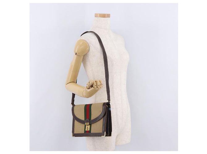 Borsa a tracolla GUCCI Web Sherry Line Canvas Beige Gold Auth ep16256 D'oro - vista 33