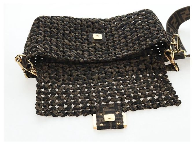 Borsa a tracolla FENDI Zucca Canvas Mamma Baguette 2 vie Marrone Nero Auth 204902SM - vista 18