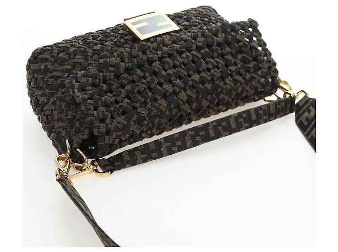 Borsa a tracolla FENDI Zucca Canvas Mamma Baguette 2 vie Marrone Nero Auth 204902SM - vista 6