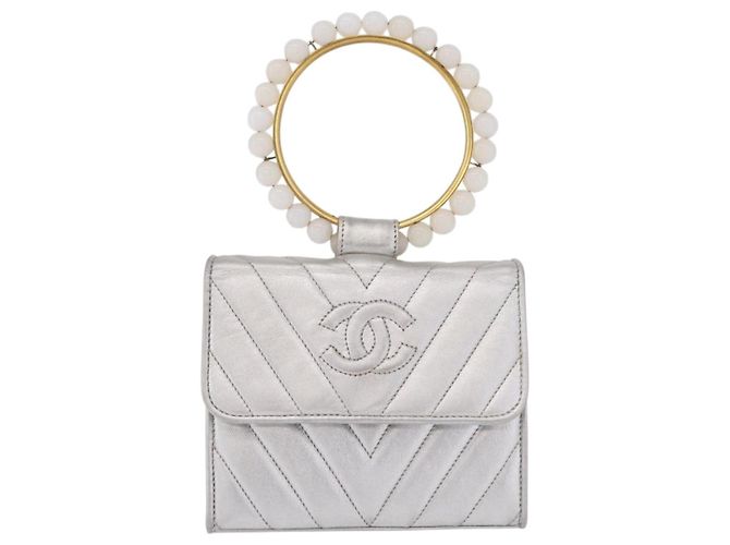 Borsa a mano CHANEL V Stitch in pelle d'agnello Argento Oro CC Auth 206262SAV D'oro - vista 2