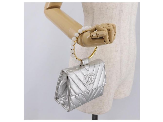 Borsa a mano CHANEL V Stitch in pelle d'agnello Argento Oro CC Auth 206262SAV D'oro - vista 30