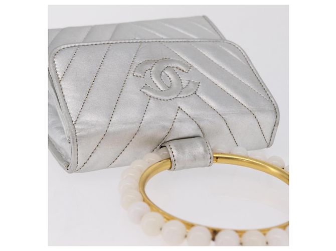 Borsa a mano CHANEL V Stitch in pelle d'agnello Argento Oro CC Auth 206262SAV D'oro - vista 8
