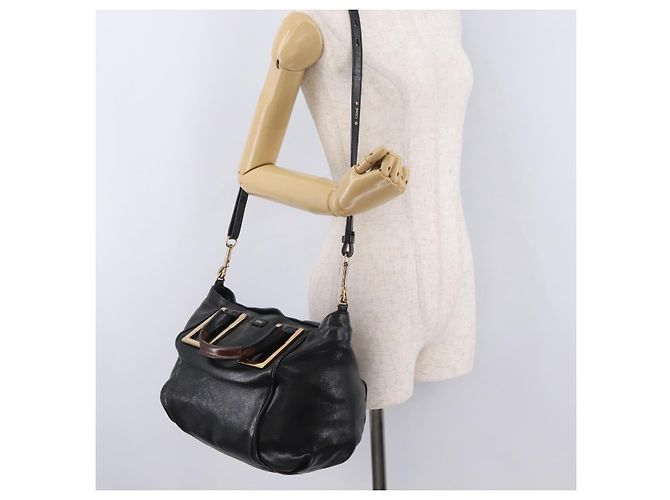 Chloé Bolsa Chloe Etel em couro 2way Preta Tom Dourado Auth BA15539A Preto - vista 27