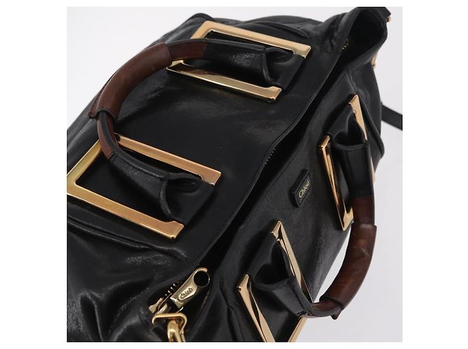 Chloé Bolsa Chloe Etel em couro 2way Preta Tom Dourado Auth BA15539A Preto - vista 6